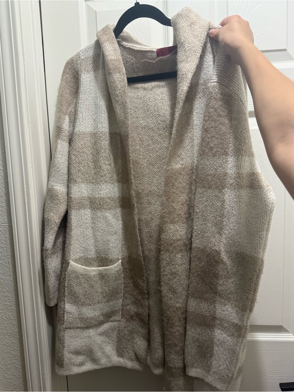 Beige Plaid Open-Front Hooded Cardigan